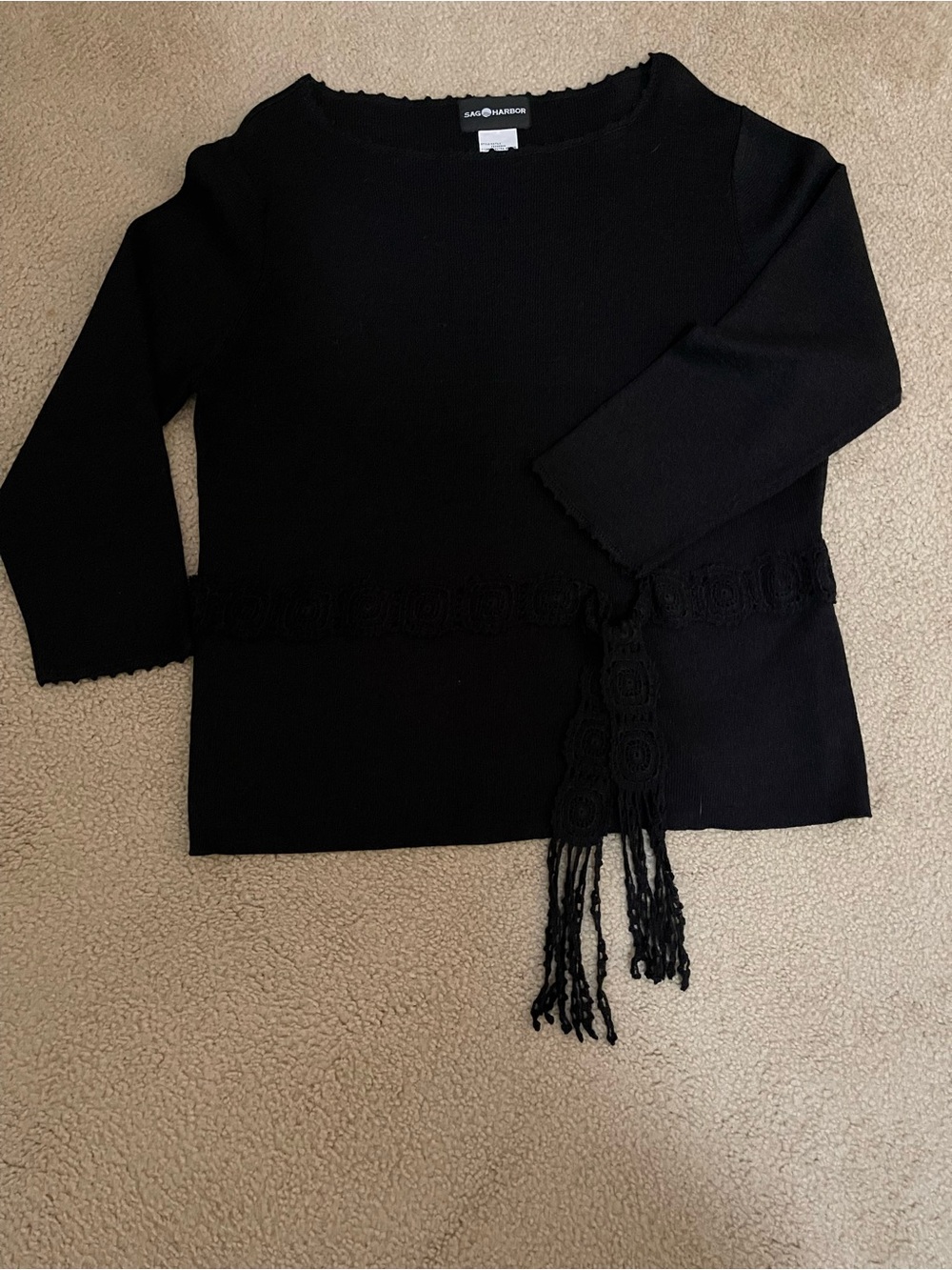 Sag Harbor Black Crewneck Sweater with Fringe Waist Tie